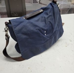 Earnest Alexander blue waxed cotton messenger bag leather handle strap trim.